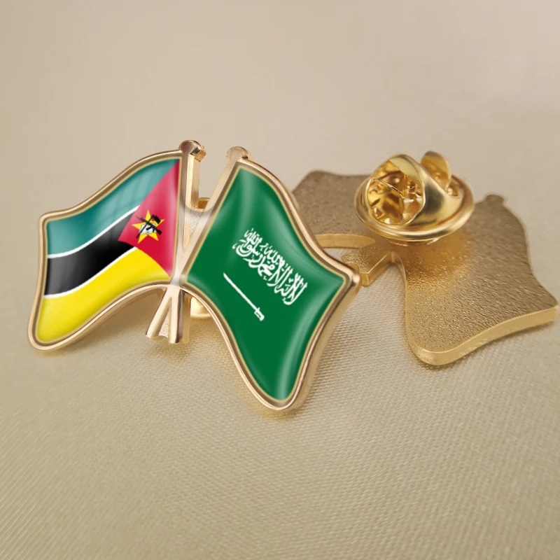 Saudi Arabia and Mozambique Crossed Double Friendship Flags Lapel Pins Brooch Badges