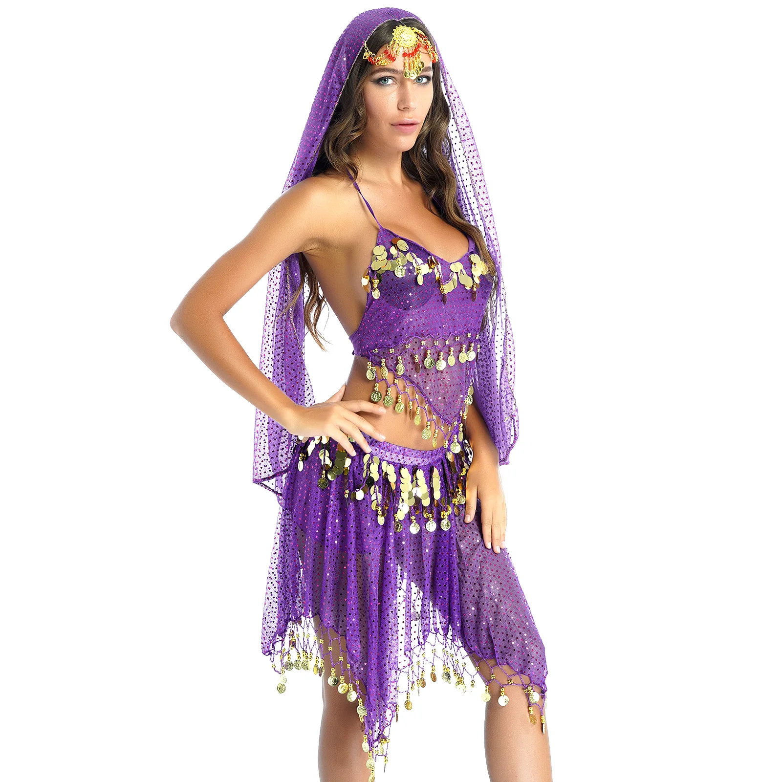 Conjunto de trajes de danza del vientre para mujer, traje de danza del vientre para adultos, escenario de India, disfraces de gitana, Halloween, Carnaval, danza del vientre de Egipto, 4 piezas