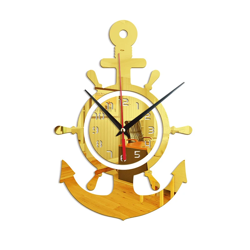 Acrylic Anchor Clock 3D Wall Clock Stickers Mediterranean Style Art Pirate Clock for Home Livingroom Bedroom WWO66