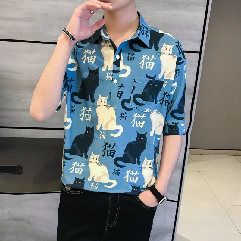 

Homme Manche Chemise Court Social Style Cat Printing Men Short Sleeve Shirt Five Stripe Middle Loose Blouse Camisa Flores Hombre