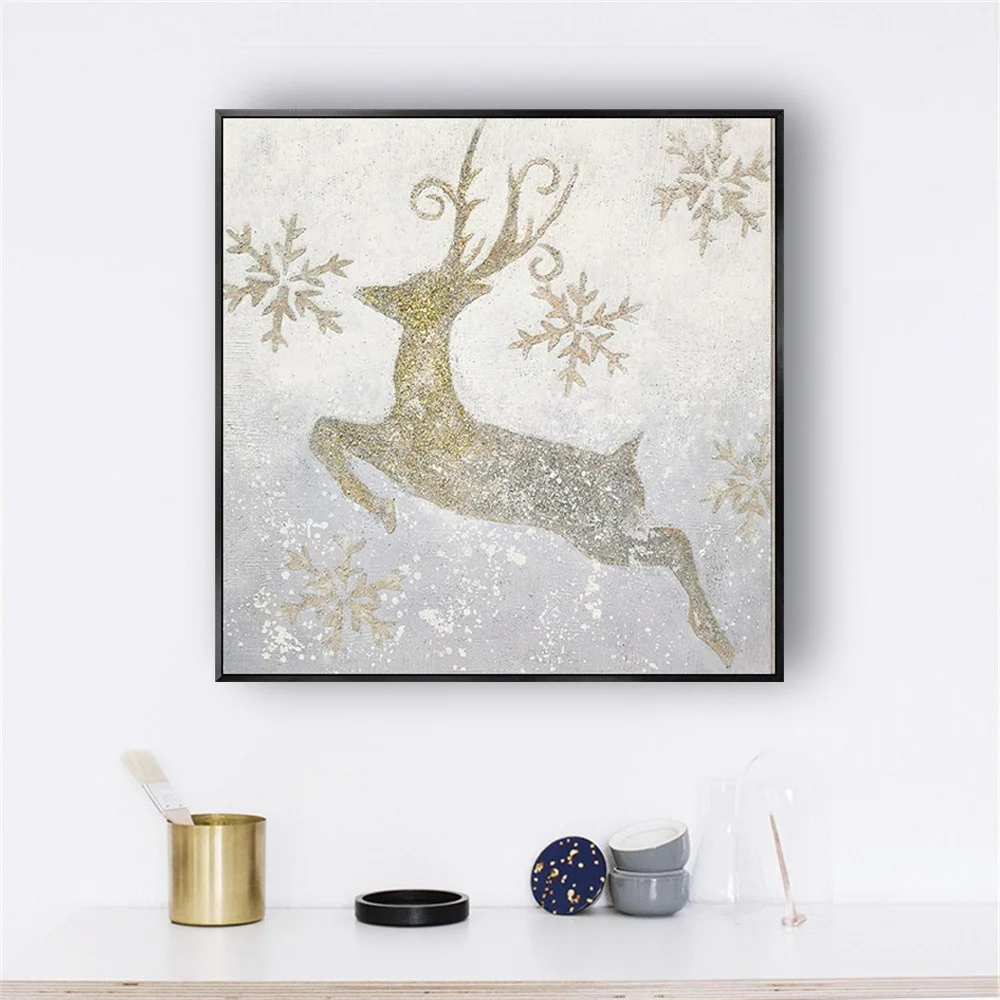 Hand-Painted Snow Reindeer Wall Art Christmas Hanging Gifts Golden Animal Oil Painting On Canvas Picture For Home Decor Poster