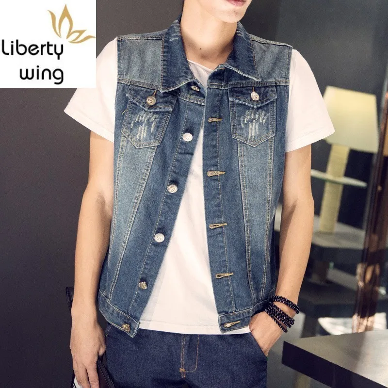 

New Sleeveless Denim Vest for Men Streetwear Korean Style Turn-down Collar Patchwork Skinny Jackets Casual Waistcoat Male