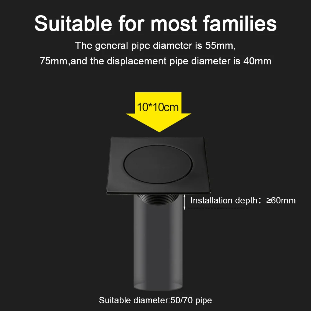 Pop Up Foot Floor Drain 10 * 10cm Anti-odor Bath Drains Push Down Shower Bathroom Drain Cover Plug Square Brass Chrome