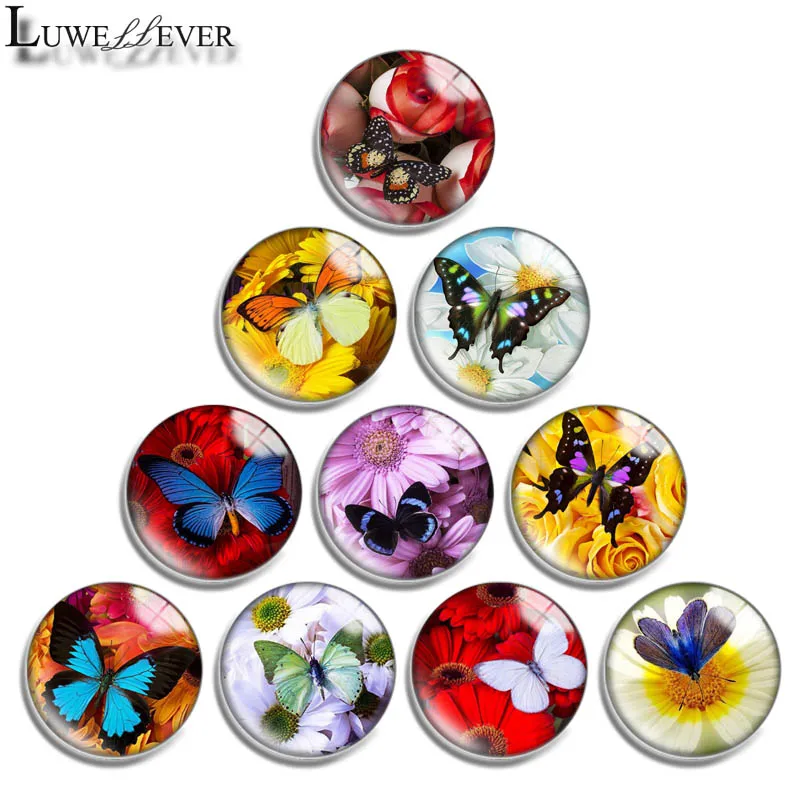 12mm 14mm 16mm 20mm 25mm 30mm 677 Butterfly Mix Round Glass Cabochon Jewelry Finding 18mm Snap Button Charm Bracelet