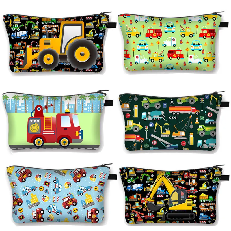 Cute Engineering Vehicle Print Cosmetic Case Firetruck Excavator Bulldozer Kawaii Makeup Bags Women Toiletries Girl Cosmetic Bag