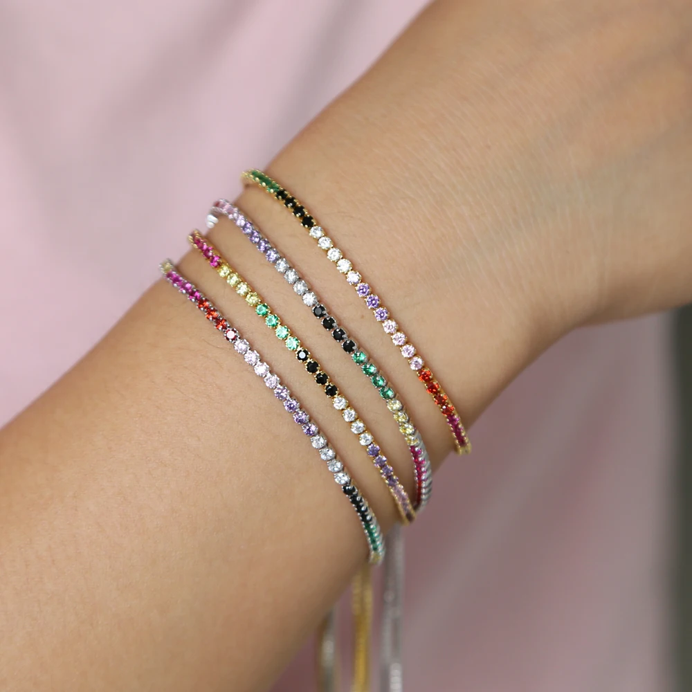 Wholesale Colorful Round Rainbow Color Charm AAA+ CZ Slider Adjustable Dainty Tiny Thin Bracelets Bling Bling Jewelry For Women