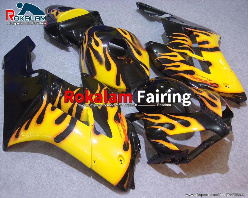 

Обтекатели для Honda CBR1000RR 2004 2005 CBR1000RR 04 05 CBR 1000RR мотоциклетный комплект обтекателя с желтым пламенем и черным цветком (литье под давлением)