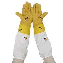 Guantes de apicultura amarillos de malla corta, mangas protectoras de cuero y tela transpirables, guantes de apicultura antiabejas