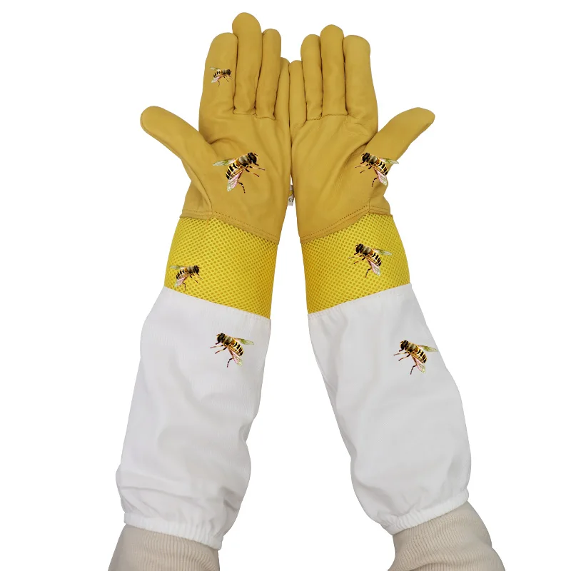 Beekeeping Gloves Yellow Short Mesh Protective Sleeves Breathable leather and Cloth Anti Bee Apiculture Beekeeping Gloves