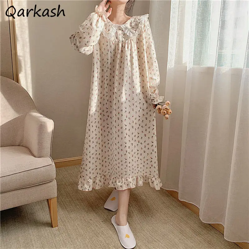 Nightgowns Women Spring Floral Students Sweet Turn Down Collar Stylish Home Soft Breathable Vintage New Arrival Aesthetic Chic