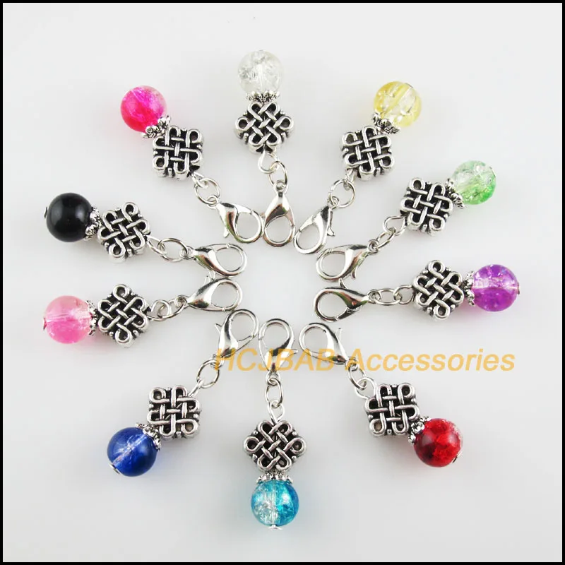 10 New Chinese Knot 11x22mm Charms Mixed Shivering Glass Tibetan Silver Plated Retro With Lobster Claw Clasps