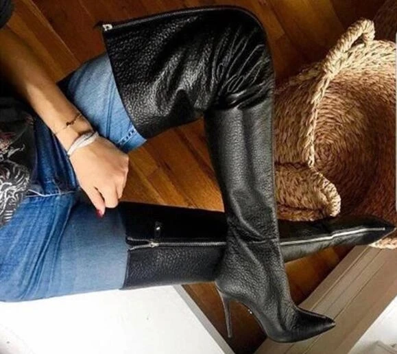 Women Fashion Over The Knee Boots Front Long Zipper Thigh High Heels Stilettos Black Sexy Leather Ladies Boots For Women Size 15