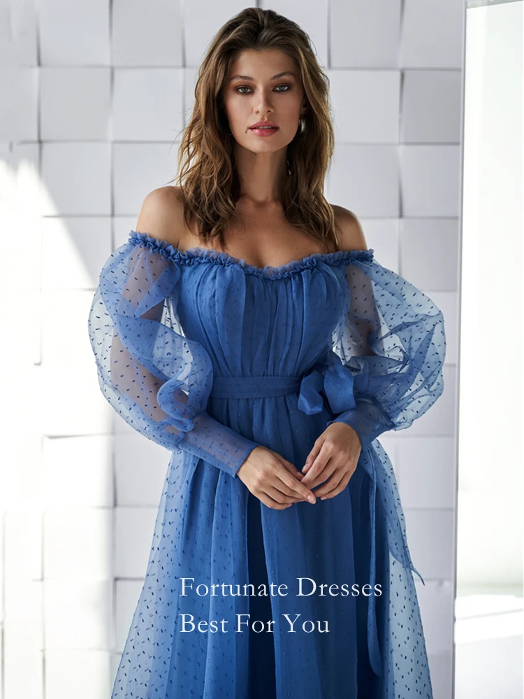 ที่กําหนดเองElegant Navy BlueพัฟแขนจุดTulle Prom Dresses 2025 สายปิดไหล่สําหรับชุดปาร์ตี้สตรีชุดราตรี