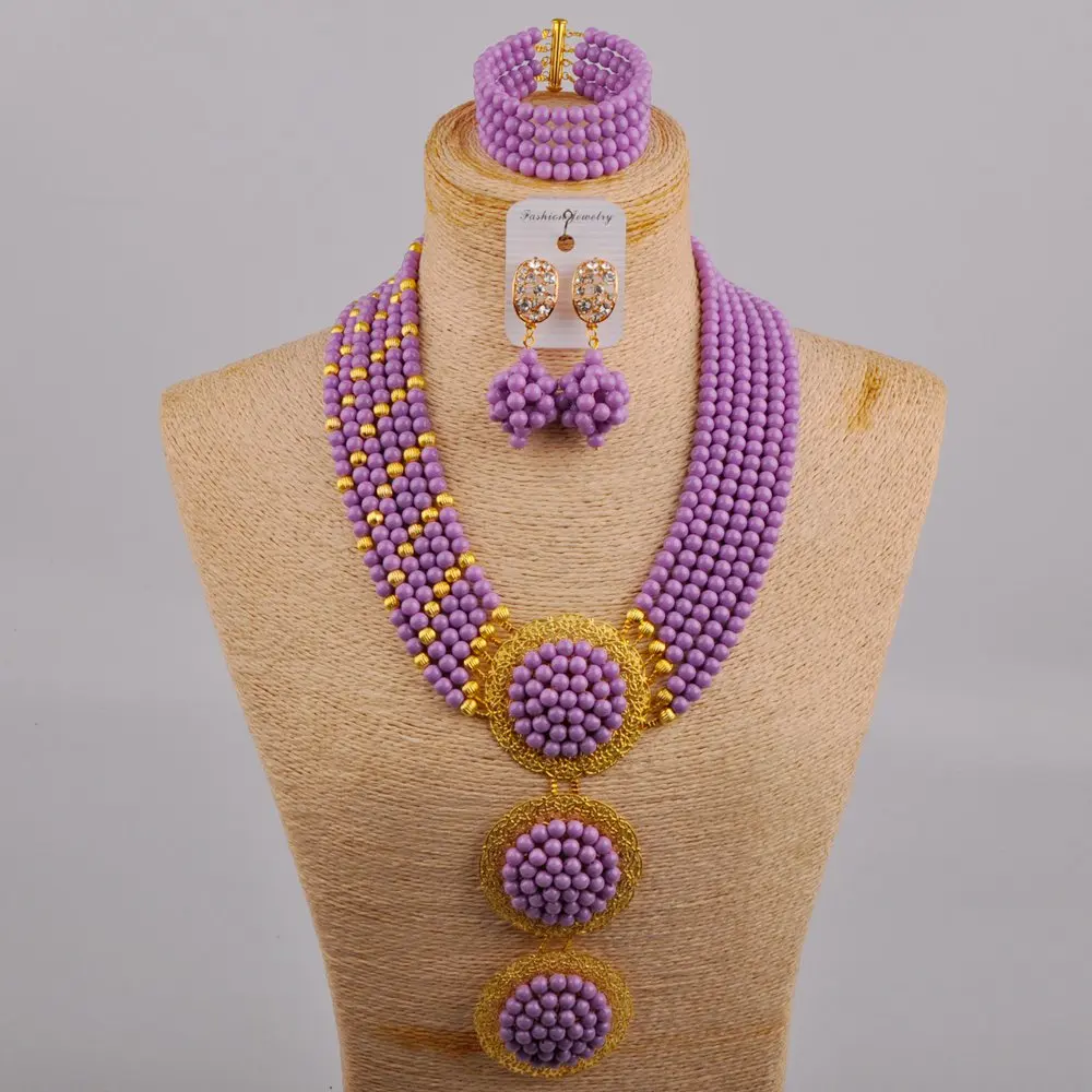 

New Purple Glass Crystal Pearl Necklace African Bride Wedding Dress Accessories Nigeria Banquet Wedding Jewelry Set SJ-107