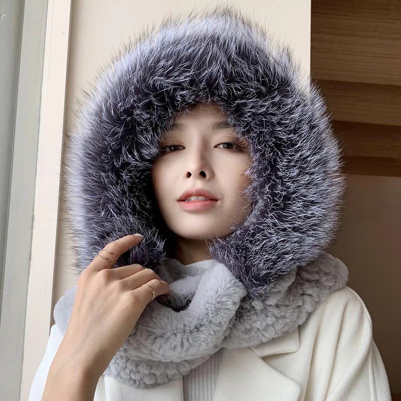 ZDFURS* winter real rabbit hats with sliver fox fur trim rabbit hair cap weaves with fox hood snow hat scarf hat fur hats