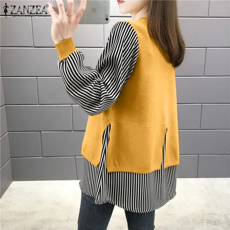 ZANZEA Fashion Long Sleeve Fake Two Pieces Tops Autumn Casual Striped Shirt Women Patchwork Blouse Loose Work Blusas Chemise