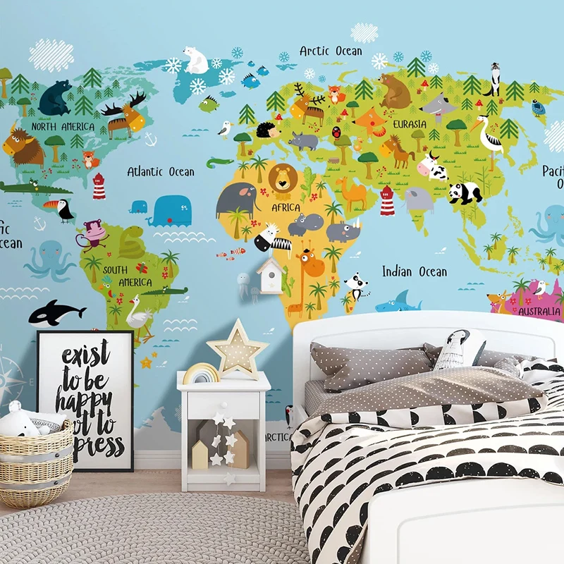 Custom 3D Wallpaper Cartoon Animal World Map Photo Wall Murals Children's Room Self-Adhesive Waterproof Stickers Home Decor Art