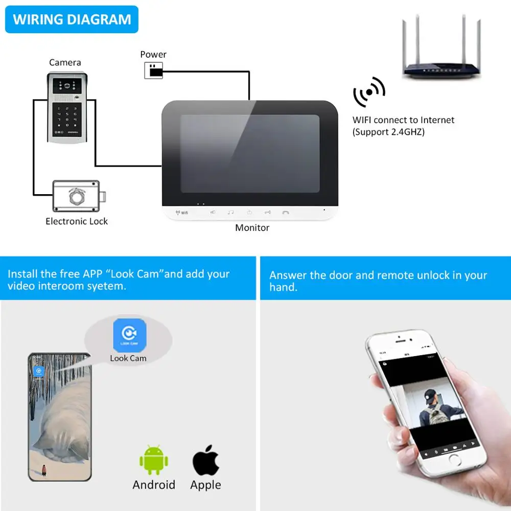 7 Inch WiFi Smart Video Door Phone Intercom System with AHD Wired Doorbell Camera Home Security Record Remote Unlock For Villa