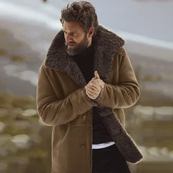 Abrigo grueso de lana para hombre, gabardina de cuero de manga larga, chaqueta integrada de piel, ropa de abrigo de invierno