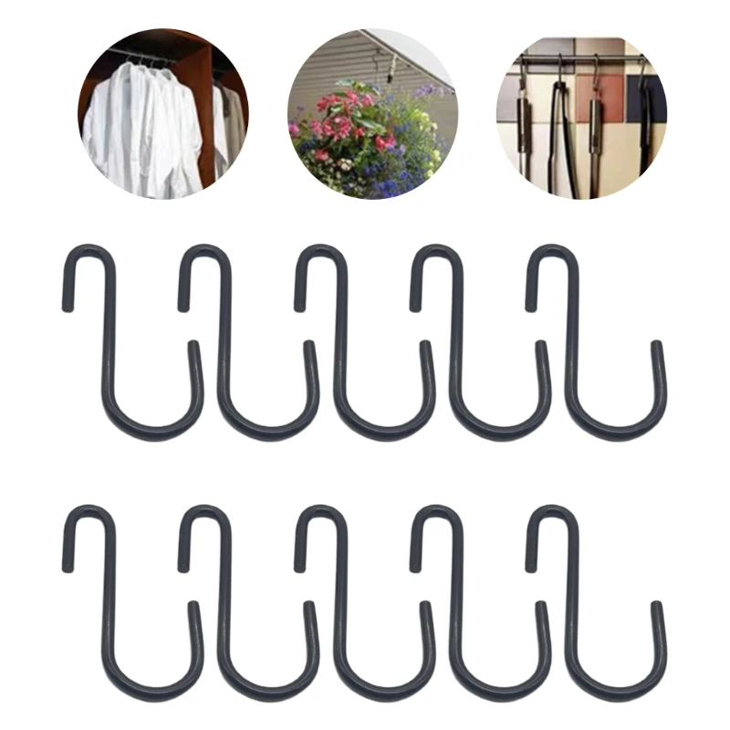 10Pcs Black Coating S Shaped Hooks Home Storage Utility Metal Hangers Storage Holder for Hanging Plant Towel Kitchen