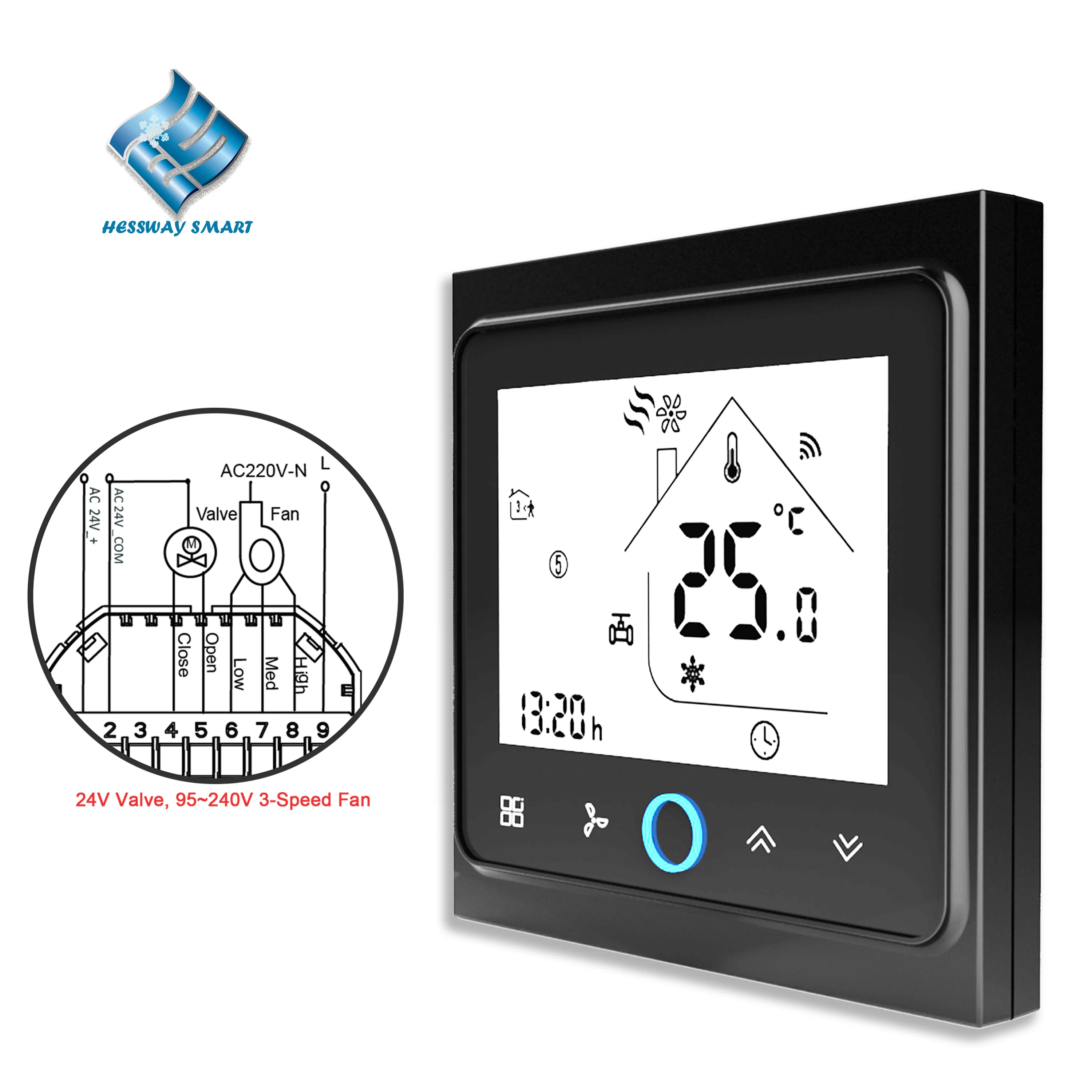 Middle East Smart HVAC Thermostat with RS485/WiFi 24V Power Supply for 2-Pipe Valves&3-Speed Fans Isolation Voltage Switch