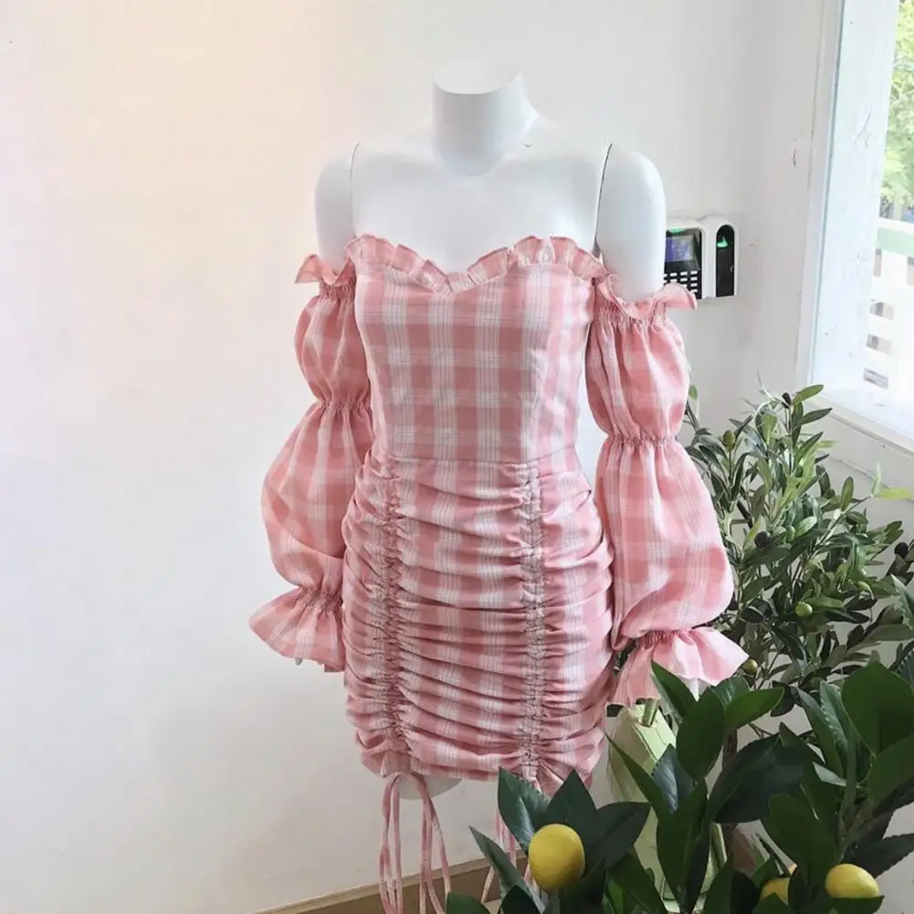 Fashion Women Mini Dress Off Shoulder Long Puff Sleeve Above Knee Dress Plaid Drawstring Bodycon Strapless Dress for Summer 2021