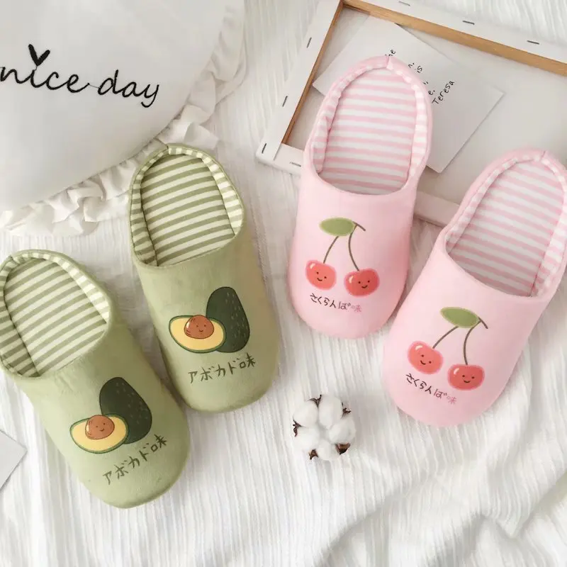 Lovely Fruit Series Home-Printed Slippers Pink Cherry and Green Avocado Home Slippers Ladies’ Home-Keeping Fruit Slippers