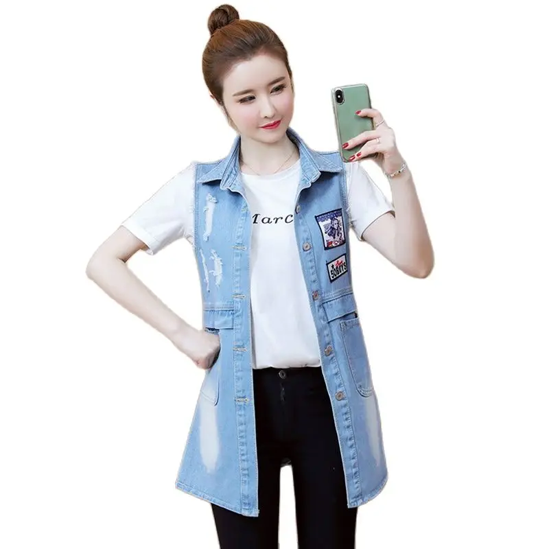 Spring Autumn Vest Female 2022 New Fashion Print Loose Denim Vests Waistcoat Jacket Women Mid-Length Cowboy Vests Lady