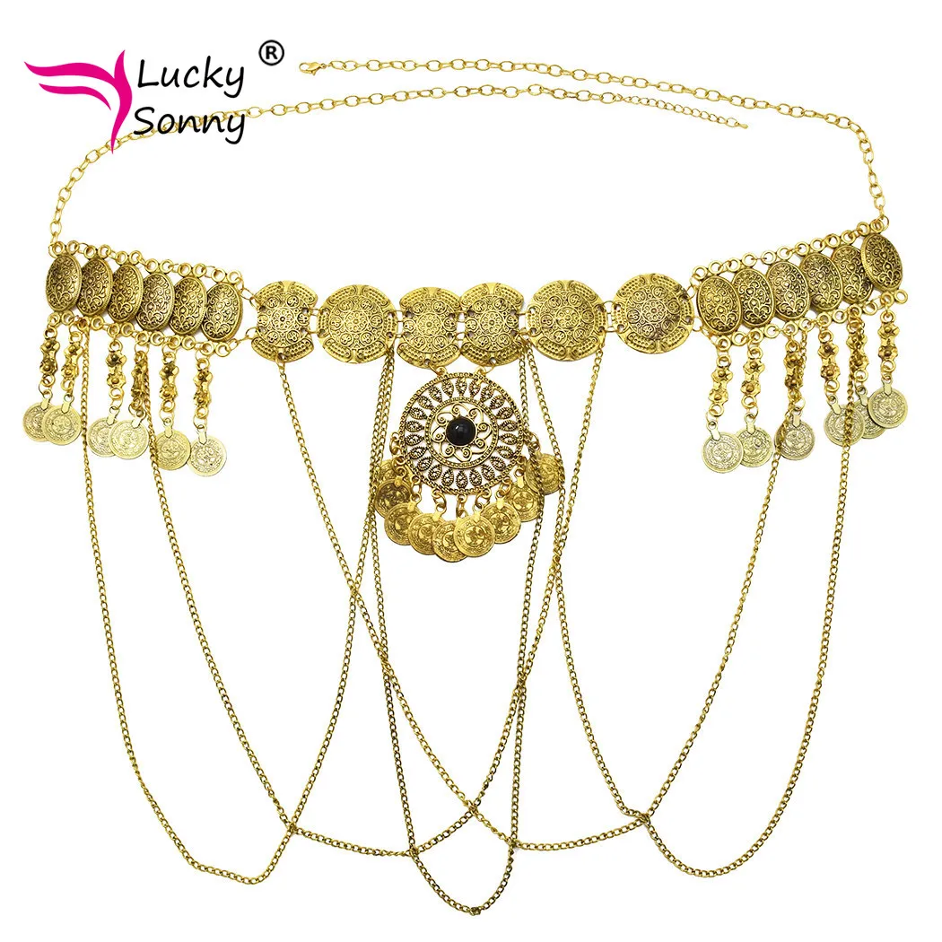 Lucky Sonny New Sexy Ladies Belly Waist Bead Chain Carved Flower Coin Crystal Beach Dance Belt Boho Waist Body Jewelry for Women