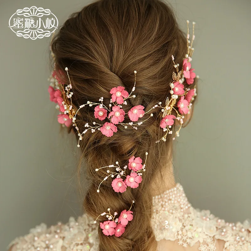 Estilo chinês neo hairpins noiva acessórios de cabelo chaplet ou bandana com flores vermelhas para o casamento