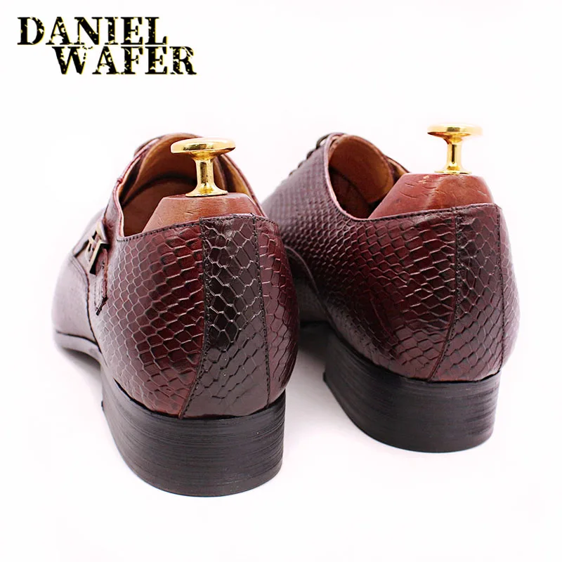 Modische Herren-Lederschuhe mit Schlangenhaut-Aufdruck, klassische Schnürung, Oxford, formell in Wein, Blau, Kaffee, Schwarz – spitze Zehenpartie – Detail 33