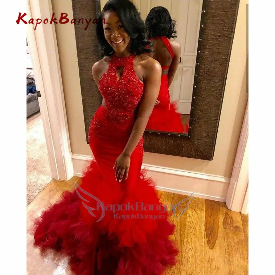 

Glamorous Red Mermaid Prom Dress African Black Girl Sexy Backless Prom Gowns Formal Party Evening Gowns Straps Beaded Top Halter