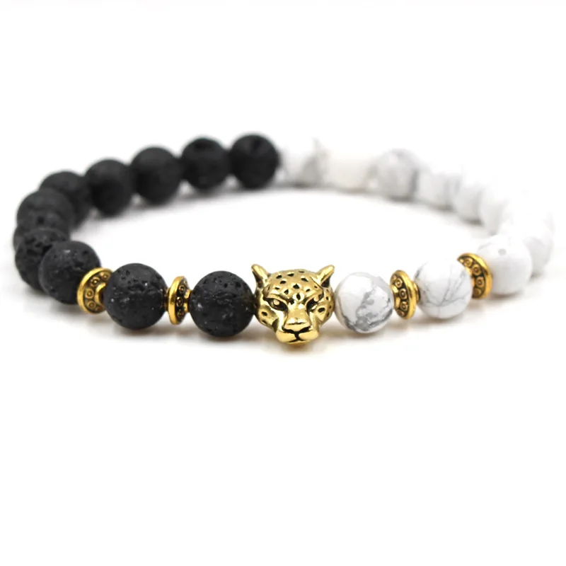 Charm Natural Volcanic Lava Stone 8mm Beads Stones White Black Bracelet Zinc Alloy Leopard Bangles Men&Women Jewelry Decorations