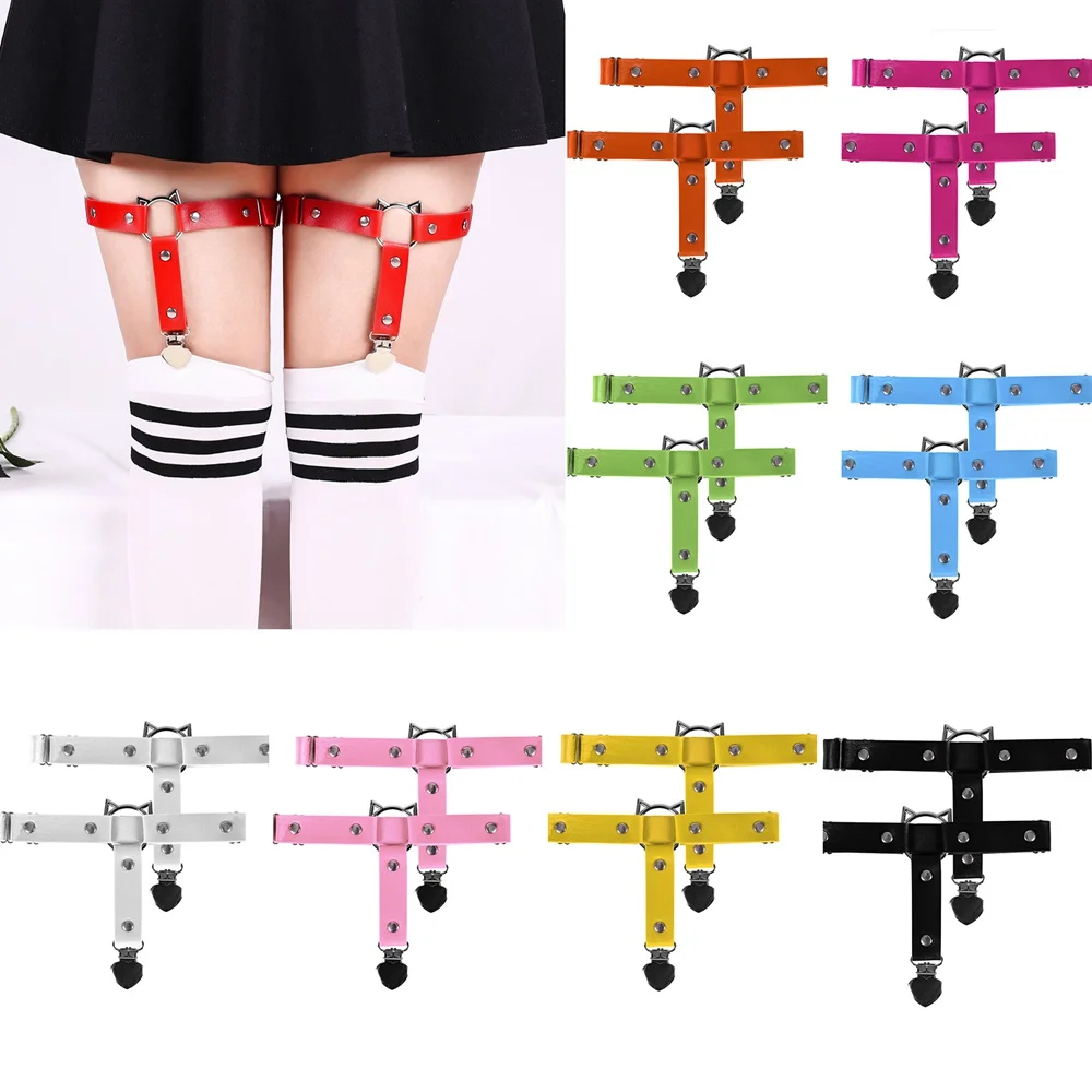 

2PC Harness Garter Women Elastic Leather Garter Belts Heart Leg Neck Ring Punk Girls Adjustable Thigh Bands Stockings Socks Clip