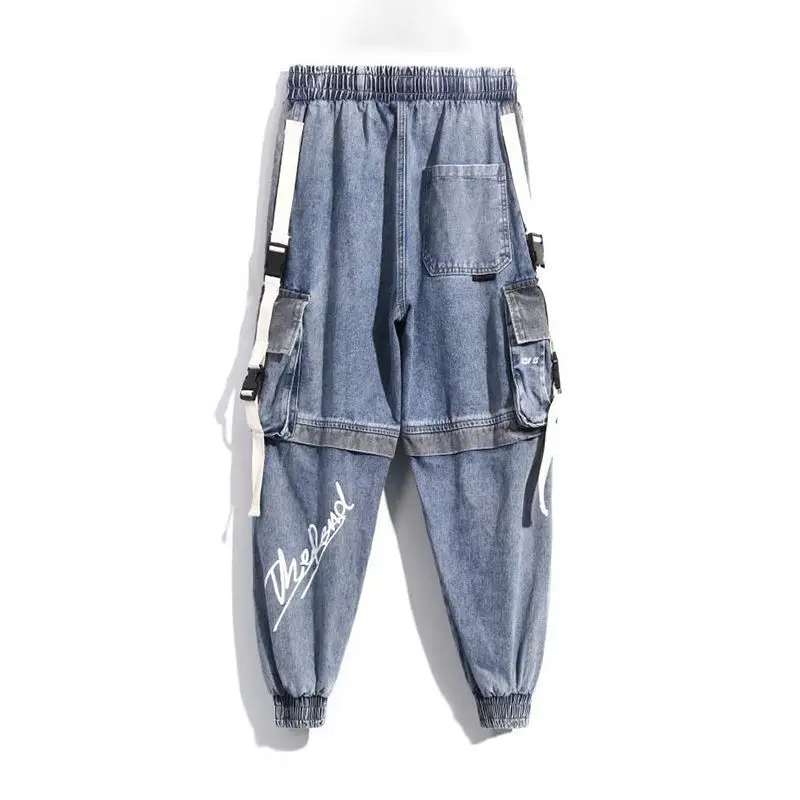 New Stitching Cargo Jeans Men's Japanese Casual Trousers Washed Loose Hip Hop Ankle Banded Harem Pants Vintage Men Denim Jeans