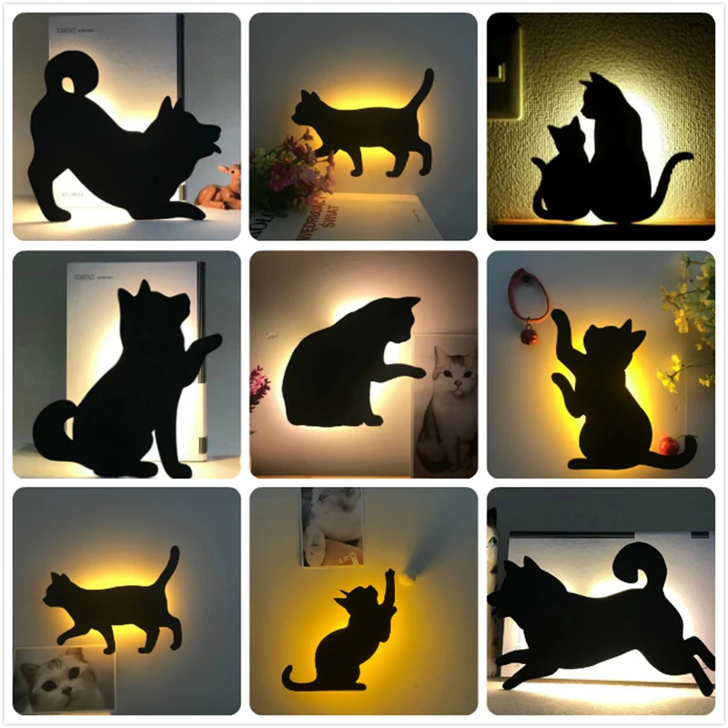 LED Animal Dog Cat Night Light Kitten Smart Sound Sensor Control Wall Lamp Home Corridor Balcony Night Lamp Baby Kids Sleep Lamp