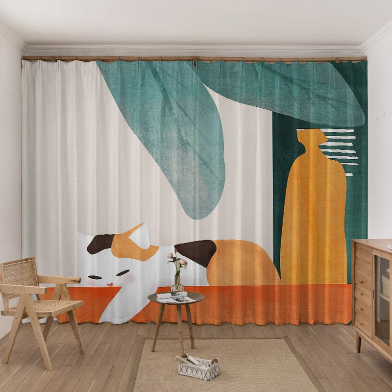 

Latest Design High Definition Hook Top 3D Printing Polychrome Cartoon Cat Children Bedroom Curtains Living Room Kitchen Curtain