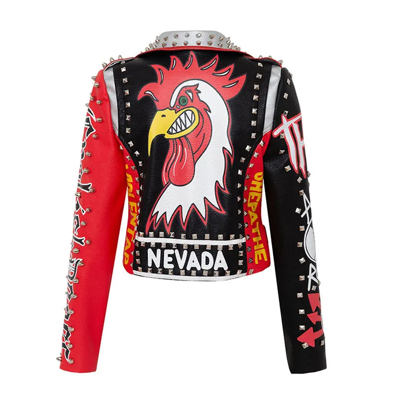 Punk Style DJ Costume Faux Leather Jacket Women Foosters Pattern Rivet High Waist Motor Jackets