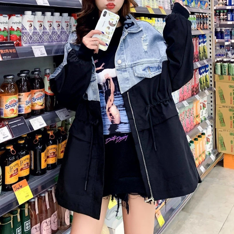 Women Casual Fashion Thin Denim Jackets 2023 Harajuku Patchwork Jacket Coats Long Sleeve Windbreaker Female Drawstring Outerwear