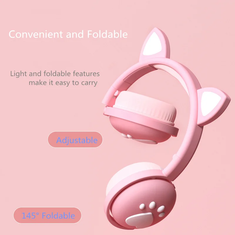 AIKSWE Bluetooth Headphones glowing cute LED Cat Ear Paw Girls Gift Kids Headset Wireless HIFI Stereo Bass 3.5mm Plug With Mic