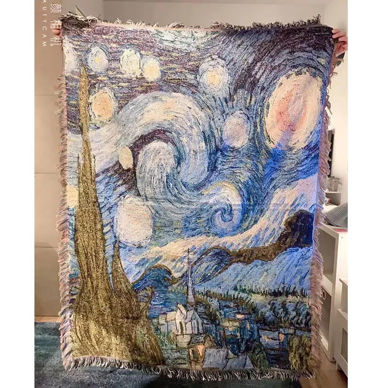 European oil painting Van Gogh starry sky sofa blanket sofa towel multifunctional knitted tapestry universal cover cloth towel