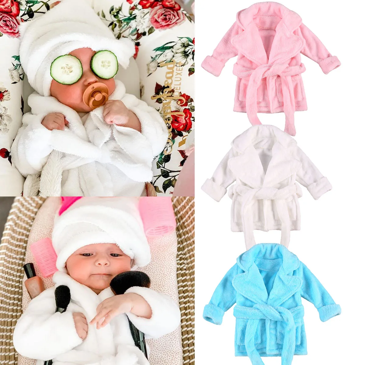 Toddler Baby Girl Boy Bathrobe Autumn Winter Warm Thick Long Sleeve Long Flannel Robe Soft with Belt Pocket Children\'s Clothing