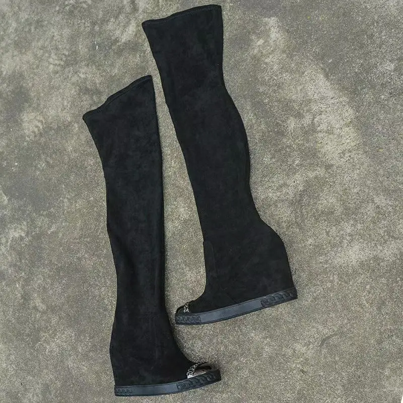 Black Suede Leather Metal Iron Toe Thigh Boots Height Increasing Inner Wedge Heel Woman Stretch Slip On Over Knee Boots