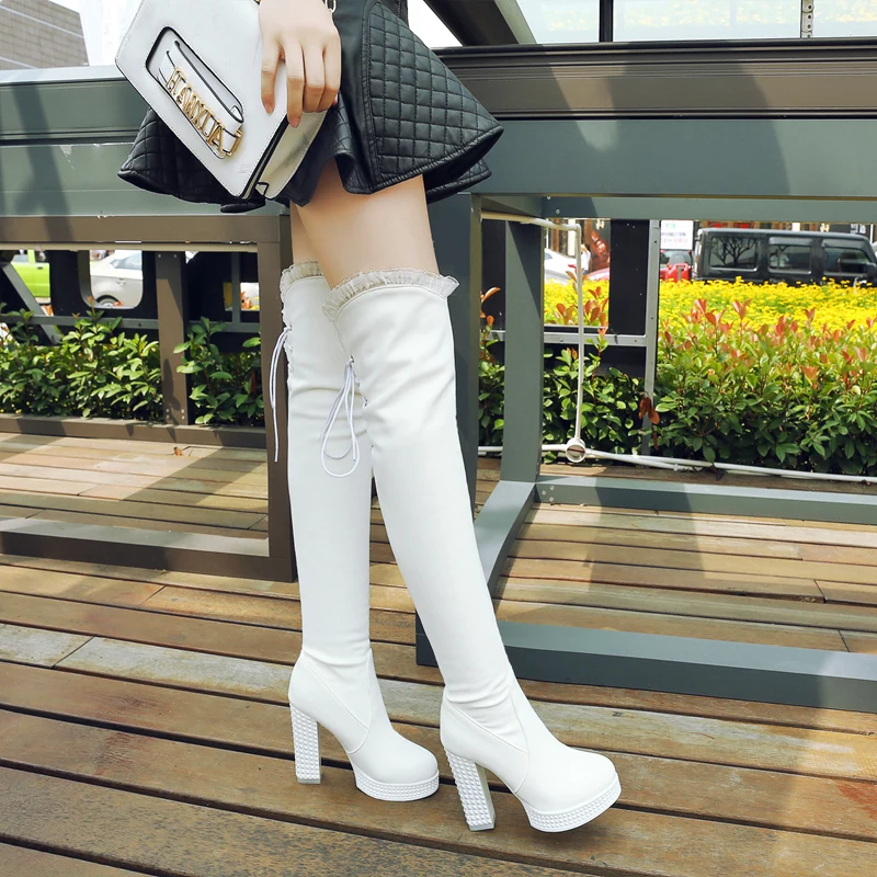 Sweet White Long Boots Female 2021 winter New High Heels Over The Knee Women Boots Lace-up Thigh High Boots Ladies Fashion Shoes