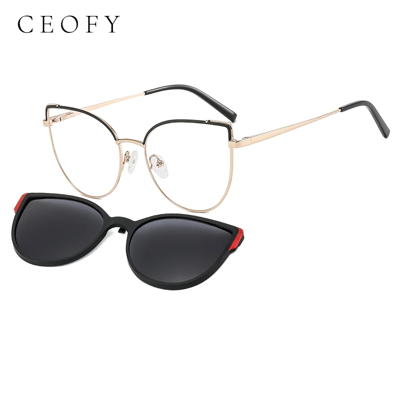 CEOFY Women Metal Optical Cat Eye  2 in1 Cilp on Sunglasses Precription Glasses Frame Vintage Myopia Fashion Eyeglasses Frame