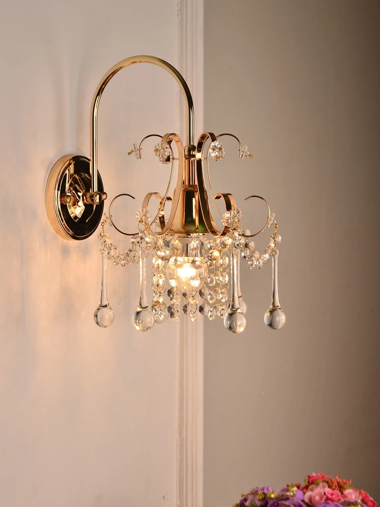 

American country crystal wall lamp bedside lamp bedroom wall lamp golden led decorative wrought iron lamp single and double head