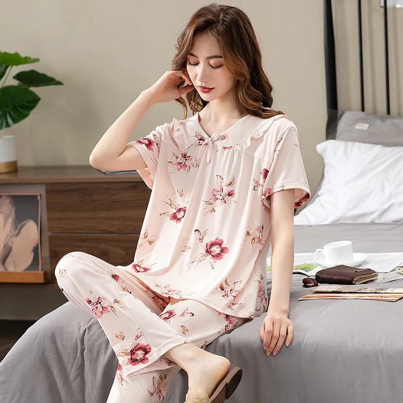 Fashion Summer Small Floral Pyjamas Women Nightgown Big Yards 4XL Sleepshirts Short-Sleeve Nightie Pajama Modal Cotton Sleepwear