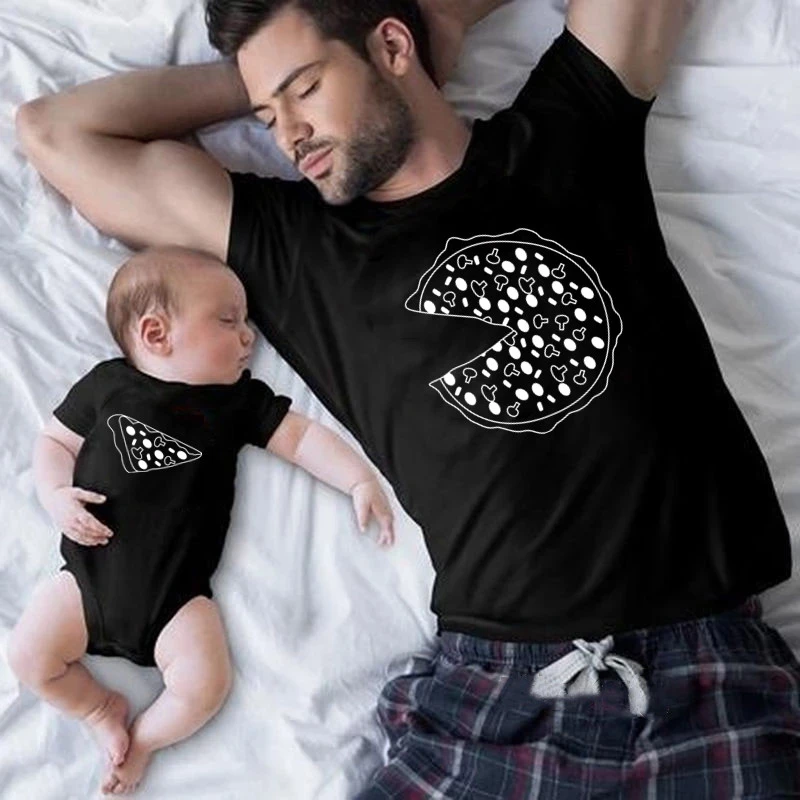 Funny Family Look Father and Son Family Matching Clothes Pizza Print T-shirt for Daddy Mommy Kids Matching Romper for Baby