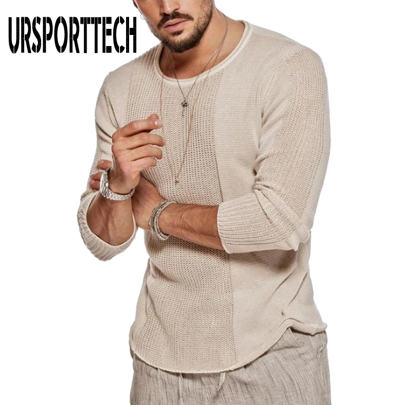 URSPORTTECH Men's Sweater Slim Fit Sweaters Pullover High Street O Neck Pleated Solid Color Mens Oversized Sweater Plus Size 3XL