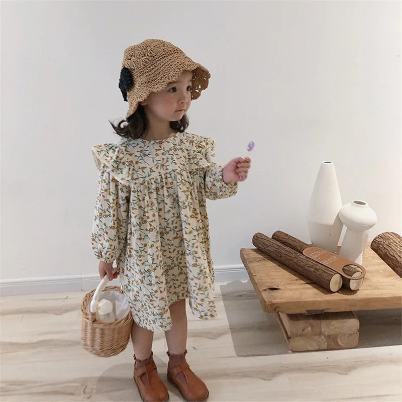 Spring Autumn Clothes Pastoral Baby Long-Sleeved Cotton And Linen Floral Doll Dress Children\'S Temperament Princess Girls\' Dress